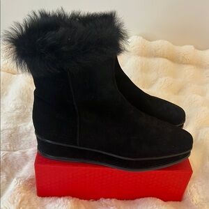 Tory Burch black suede platform boots with fur detail